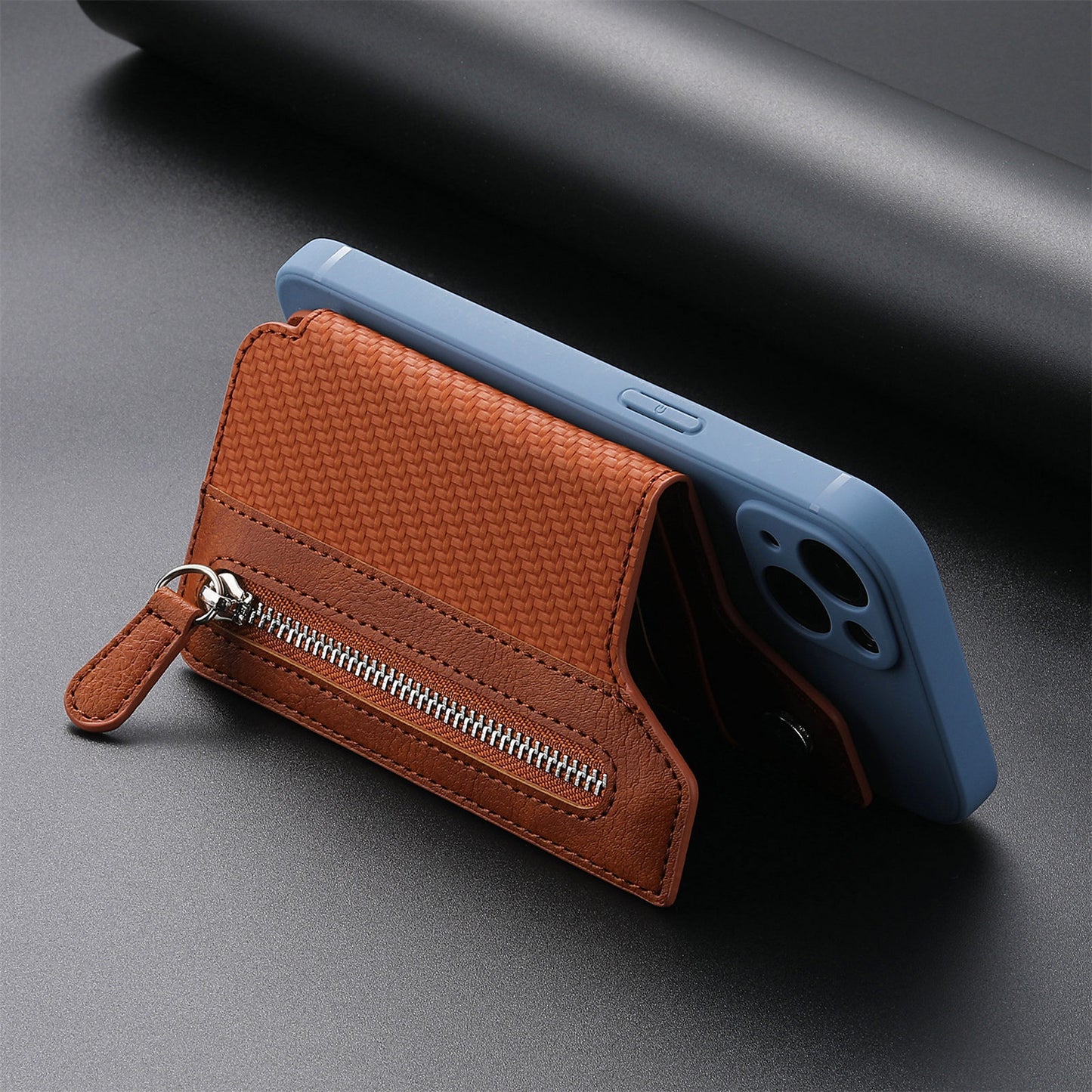 2 Pcs Khaki Multifunction Stick-On Phone Wallet - PU Leather Card Holder with Zipper & Flip Cover