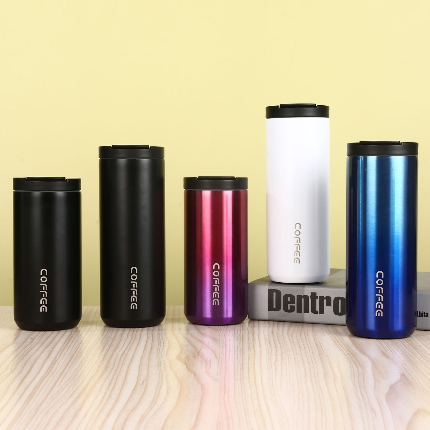 Blue Gradient Color Sleek Insulated Stainless Steel Coffee Tumbler Set (400ml & 500ml) - One-Touch Lid Travel Mugs