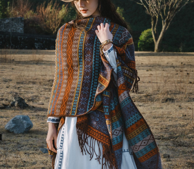 Blue Elegant Jacquard Knit Shawl Wrap - Versatile Oversized Scarf (150cm x 130cm)