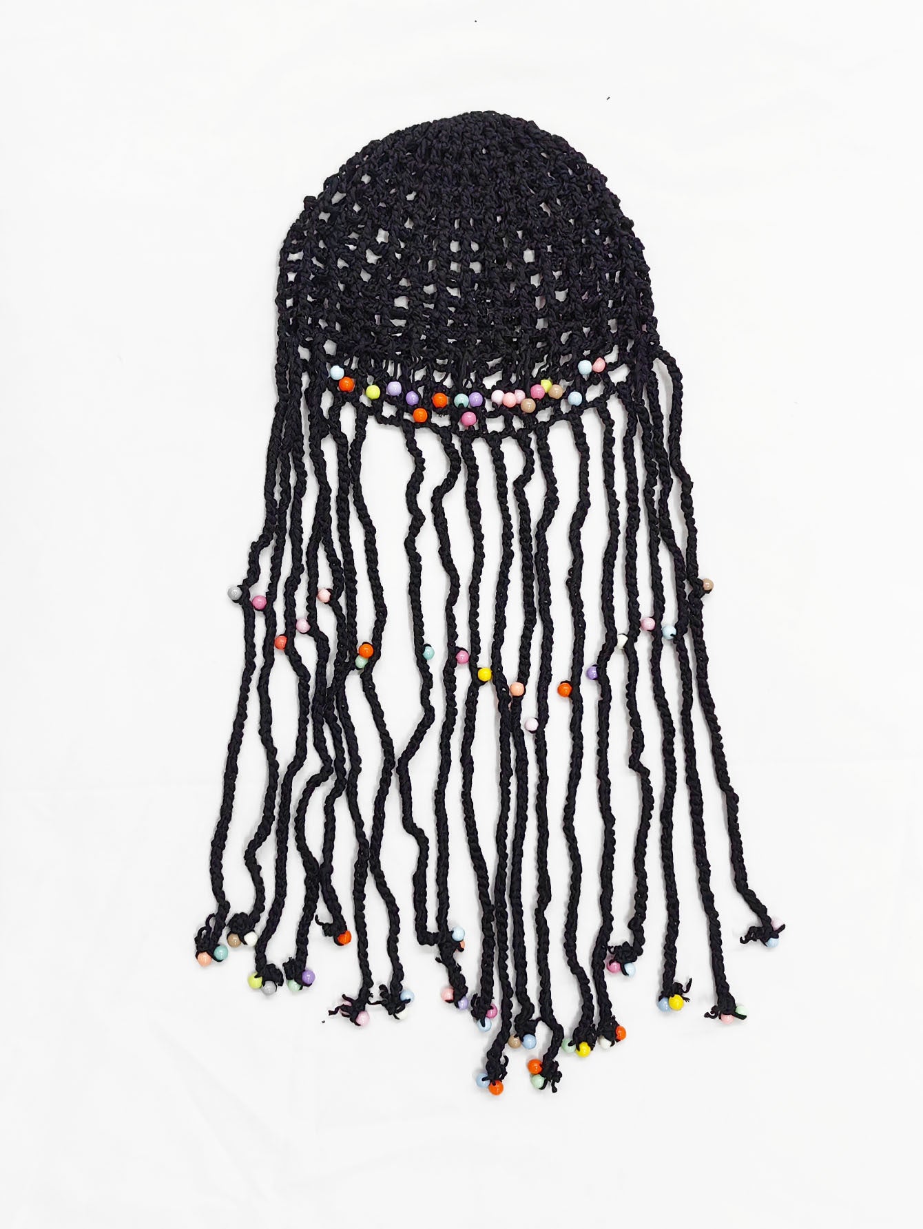 Black Boho Hand-Crocheted Tassel Sun Hat - Lightweight Breathable Beach Cap (Fits 55-60cm)