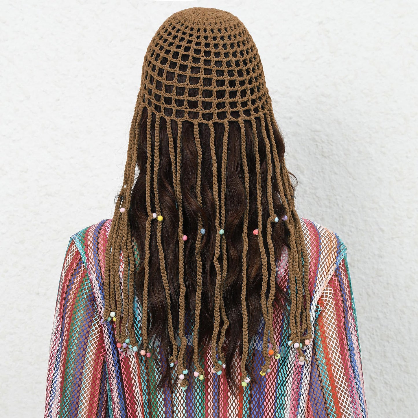 Beige Boho Hand-Crocheted Tassel Sun Hat - Lightweight Breathable Beach Cap (Fits 55-60cm)