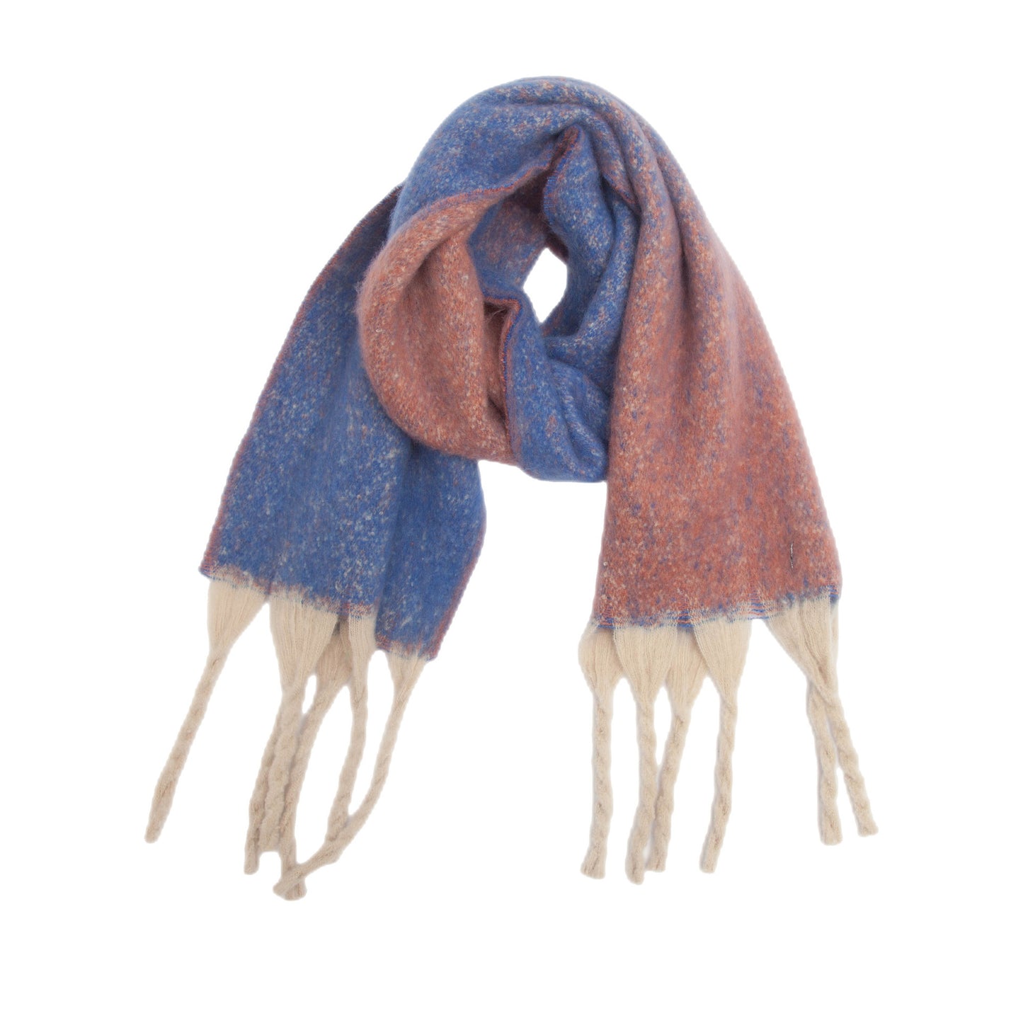 Blue-orange Plush Gradient Winter Scarf Shawl - Thick Textured Circle Yarn with Chunky Tassels - 185cm x 40cm