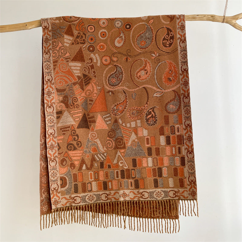 Khaki Bohemian Paisley Print Scarf - Large Lightweight Shawl Wrap - 200cm x 65cm