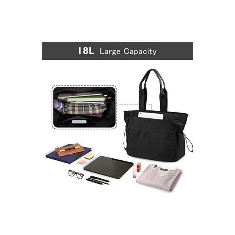 Water-Resistant Tote Bag with Drawstring Side-Cinch and Snap Closure - 18L Capacity Black