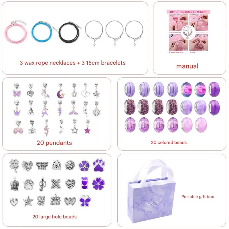 Unicorn DIY Beaded Bracelet Kit for Kids - Purple Crystal Beads and Charms Jewelry Set with Gift Box