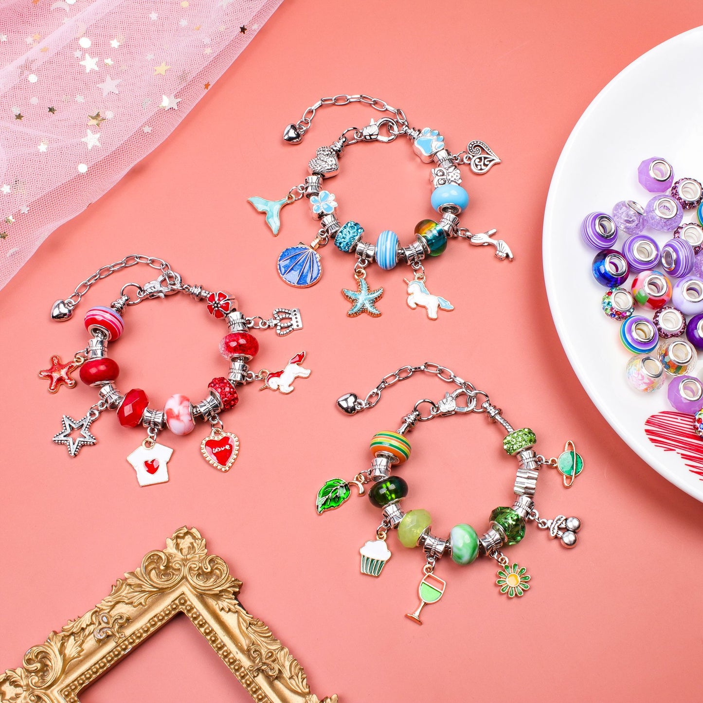 Unicorn DIY Beaded Bracelet Kit for Kids - Green Crystal Beads and Charms Jewelry Set with Gift Box