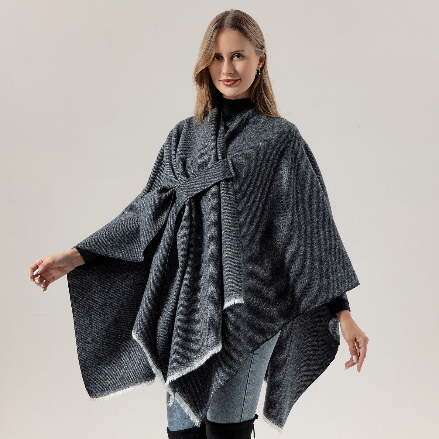 Solid Knit Poncho Shawl,Warm Fall/Winter Cape with Slit and Crossbar Design(Black)