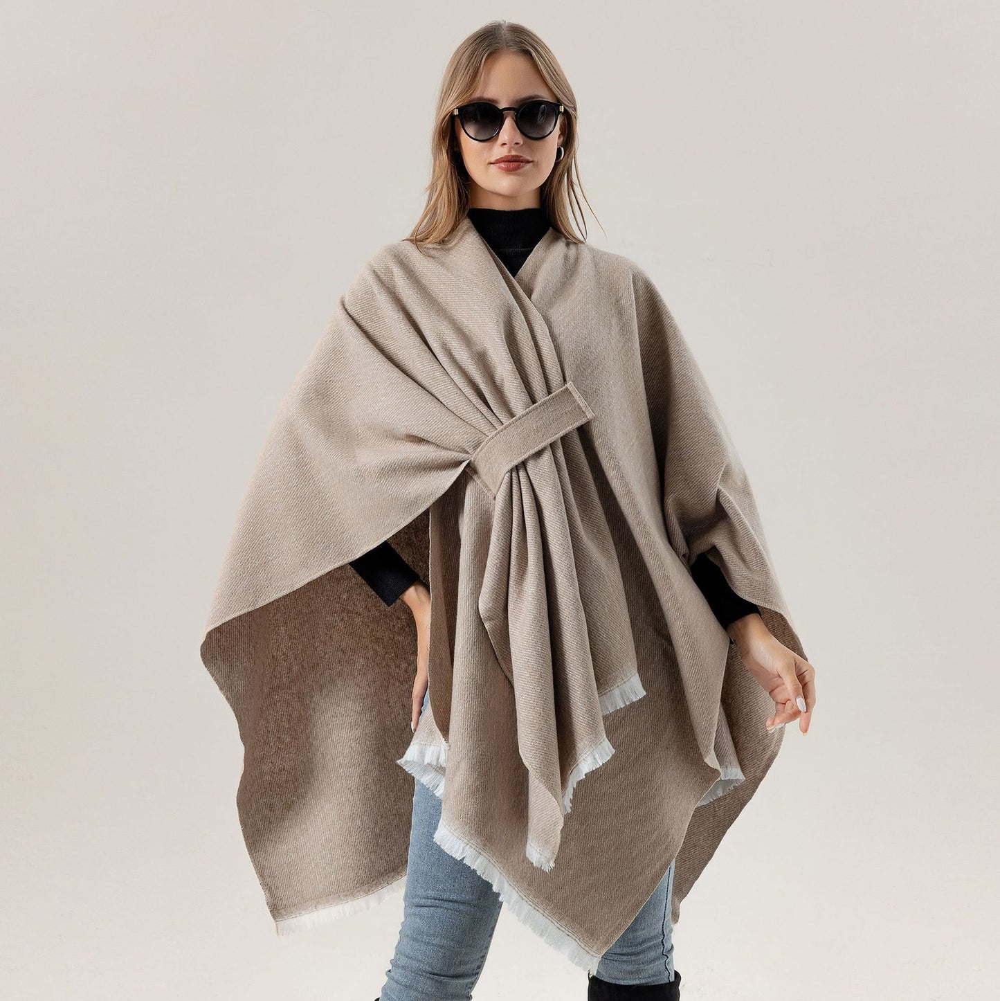 Solid Knit Poncho Shawl,Warm Fall/Winter Cape with Slit and Crossbar Design(Dark gray)
