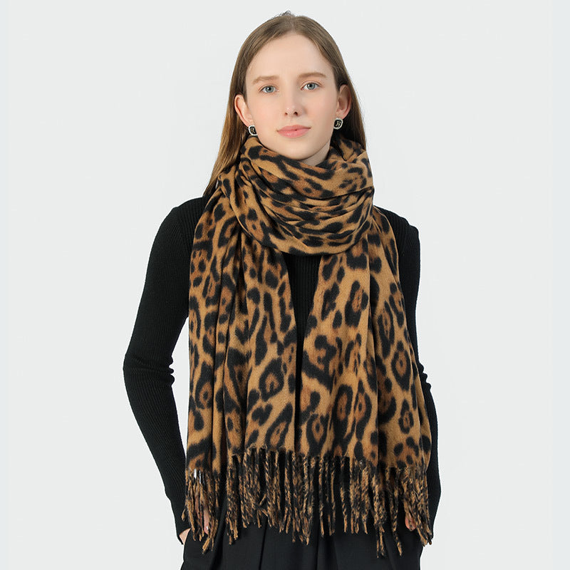 Stylish Animal Print Scarf - Warm Fall/Winter Shawl with Tassels, Imitation Cashmere(Light brown)