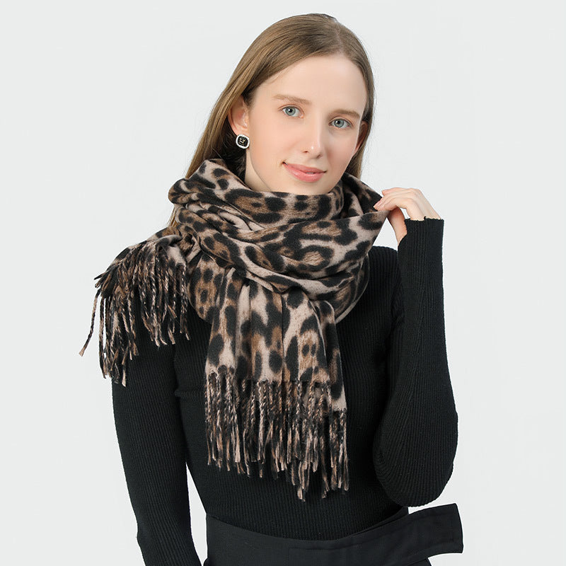 Stylish Animal Print Scarf - Warm Fall/Winter Shawl with Tassels, Imitation Cashmere(Blue-yellow)