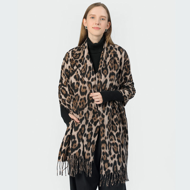 Stylish Animal Print Scarf - Warm Fall/Winter Shawl with Tassels, Imitation Cashmere(Blue-yellow)