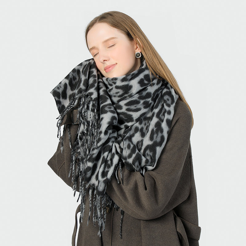 Stylish Animal Print Scarf - Warm Fall/Winter Shawl with Tassels, Imitation Cashmere(Blue-yellow)