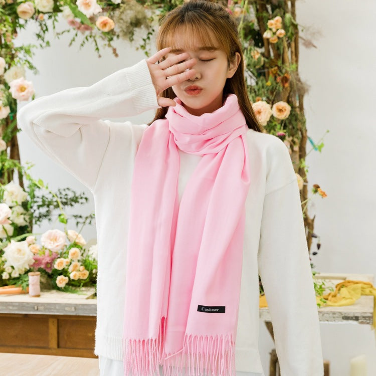 2pc Luxe Soft Imitation Cashmere Scarf - Warm Solid Tone Shawl with Elegant Fringe(Red Bean Paste Powder)