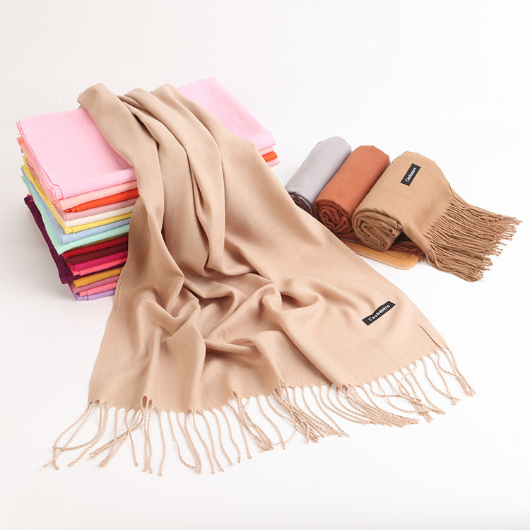 2pc Luxe Soft Imitation Cashmere Scarf - Warm Solid Tone Shawl with Elegant Fringe(Turmeric)