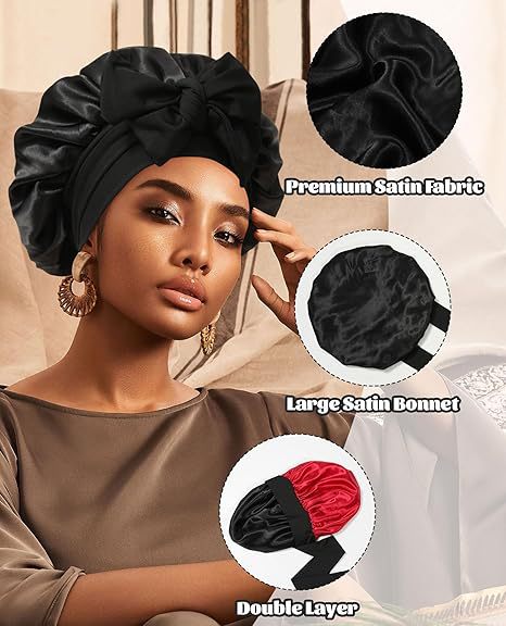 Luxury Double-Sided Satin Bonnet with Elastic Band(Black + brown lining)