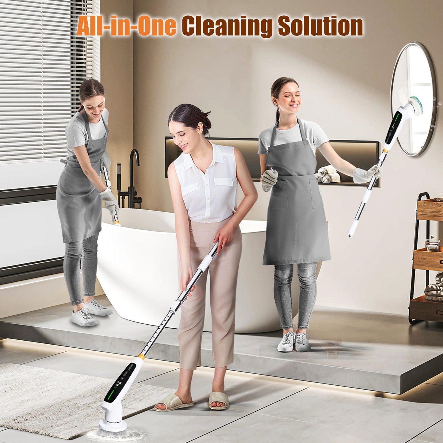 Electric Spin Scrubber with Adjustable Extension Handle & 8 Brush Heads - Smart LED Display