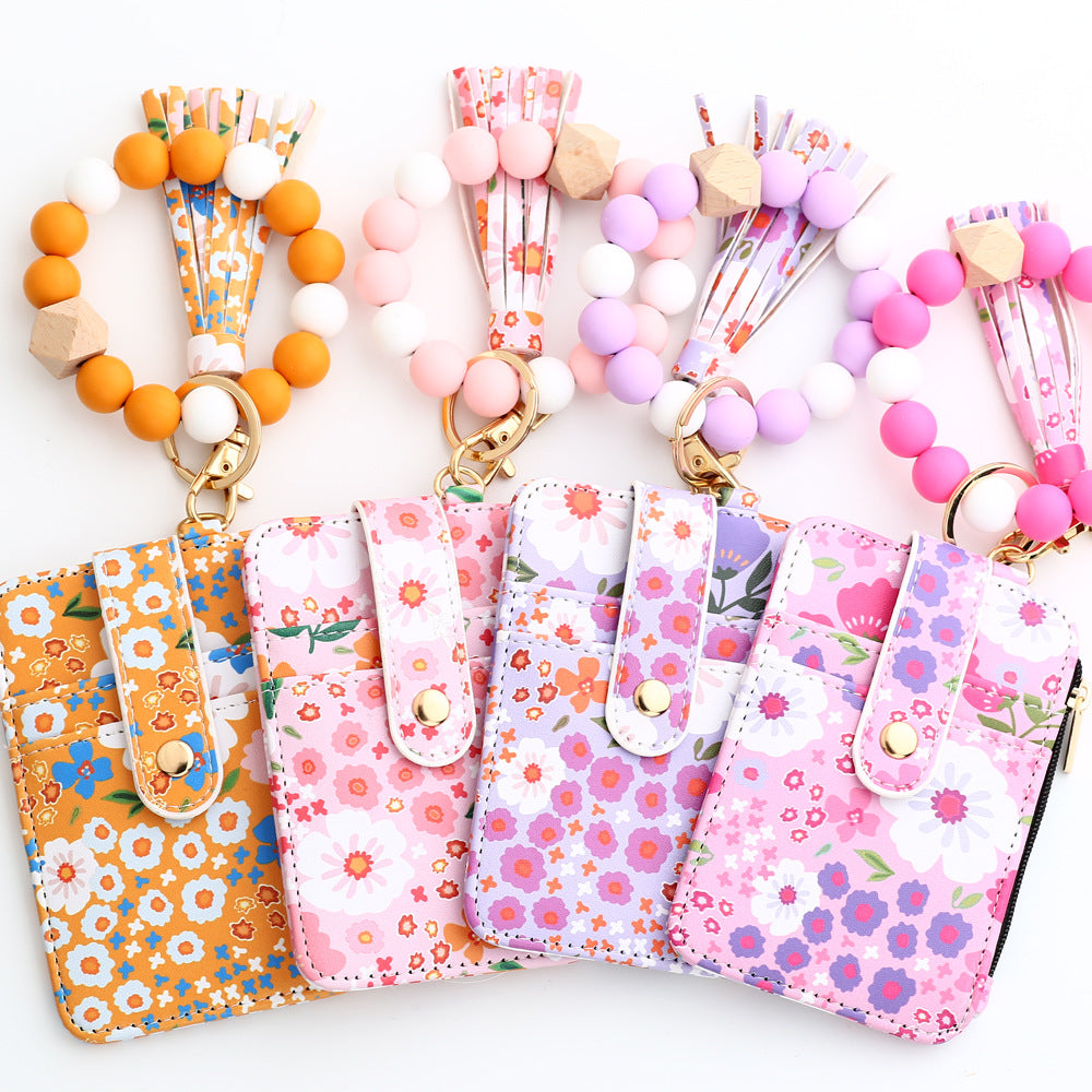 Floral Slim Card Holder Wallet with Beaded Keychain Bracelet & Tassel - 4 Card Slots, ID Window(Yellow)