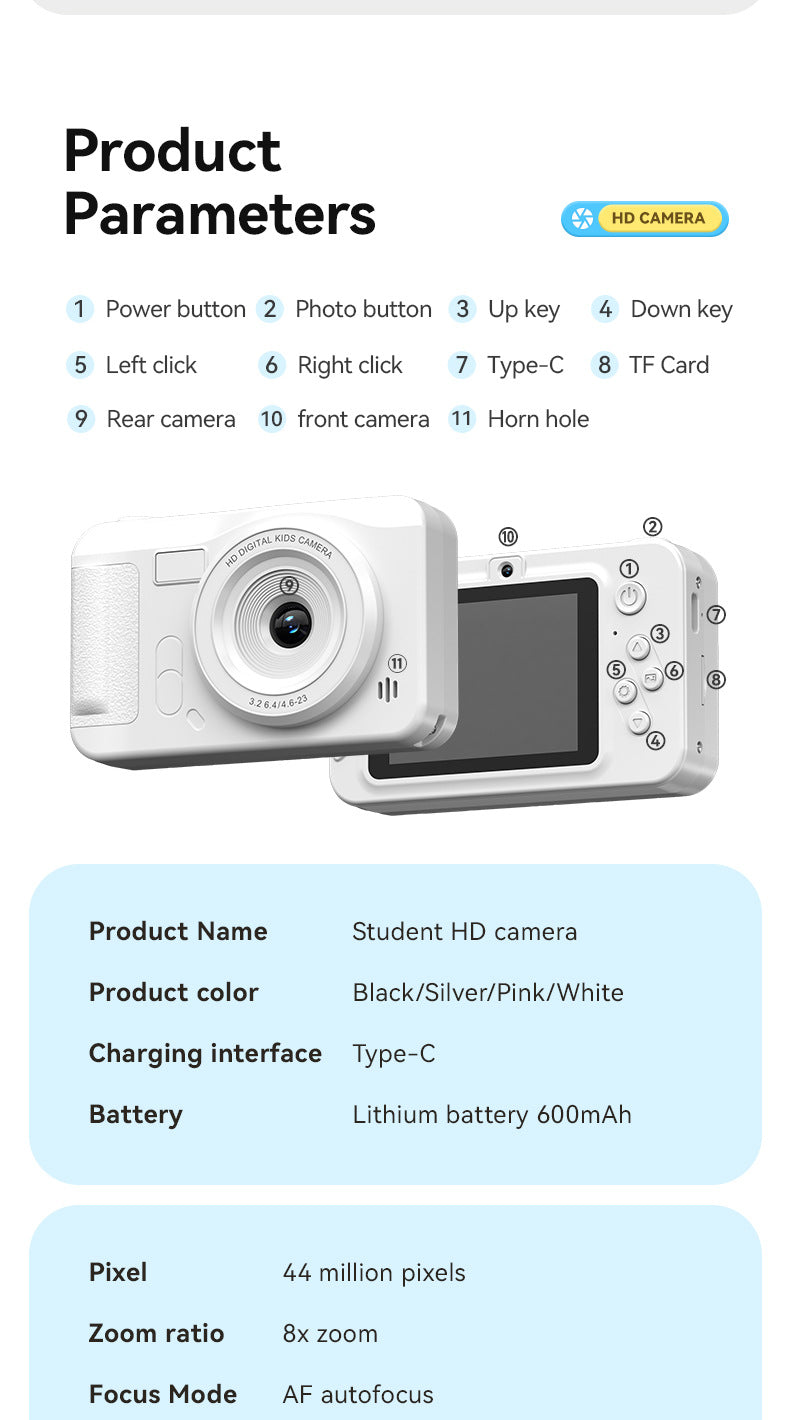 Student HD Digital Camera - 44MP, 8x Zoom, Autofocus, Dual Lens, Type-C Charging (Pink)