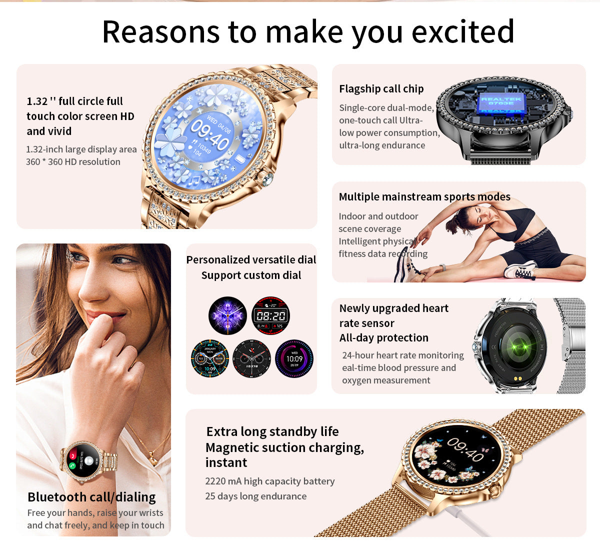 Elegant Women's Smartwatch,HD Touchscreen, Bluetooth Calls, Health Monitoring(Purple)