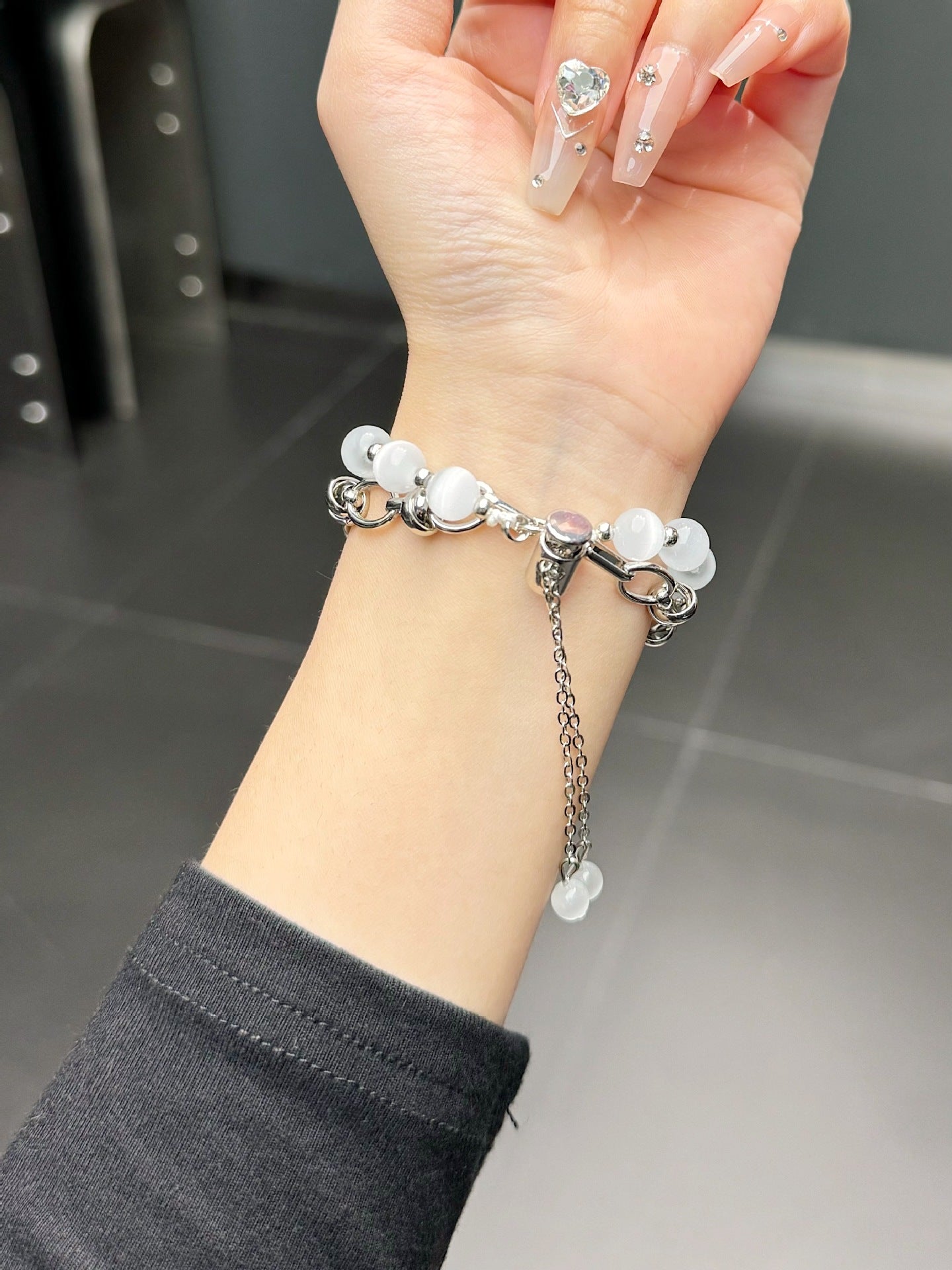 2-pcs Silver Elegant Cat's Eye Beaded Bracelet Band for Apple Watch - Women's Luxury Strap (Compatible Size :42/44/45MM )
