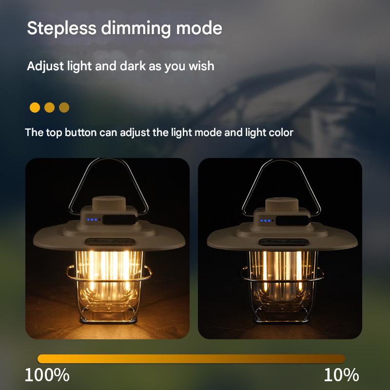 Beige Vintage LED Camping Lantern - Rechargeable, Stepless Dimming, Power Bank