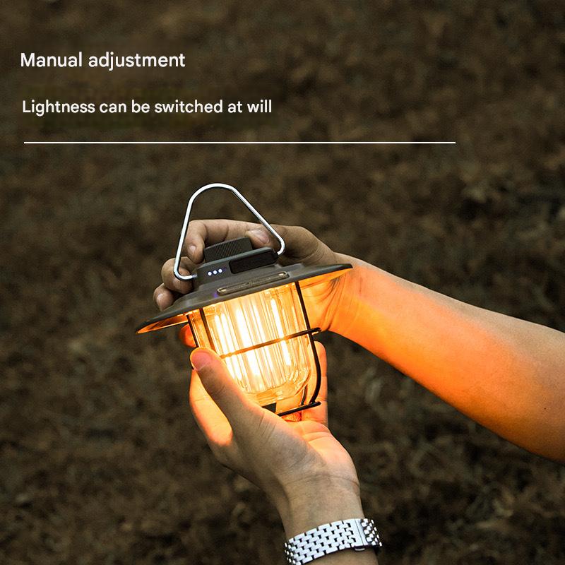 Beige Vintage LED Camping Lantern - Rechargeable, Stepless Dimming, Power Bank