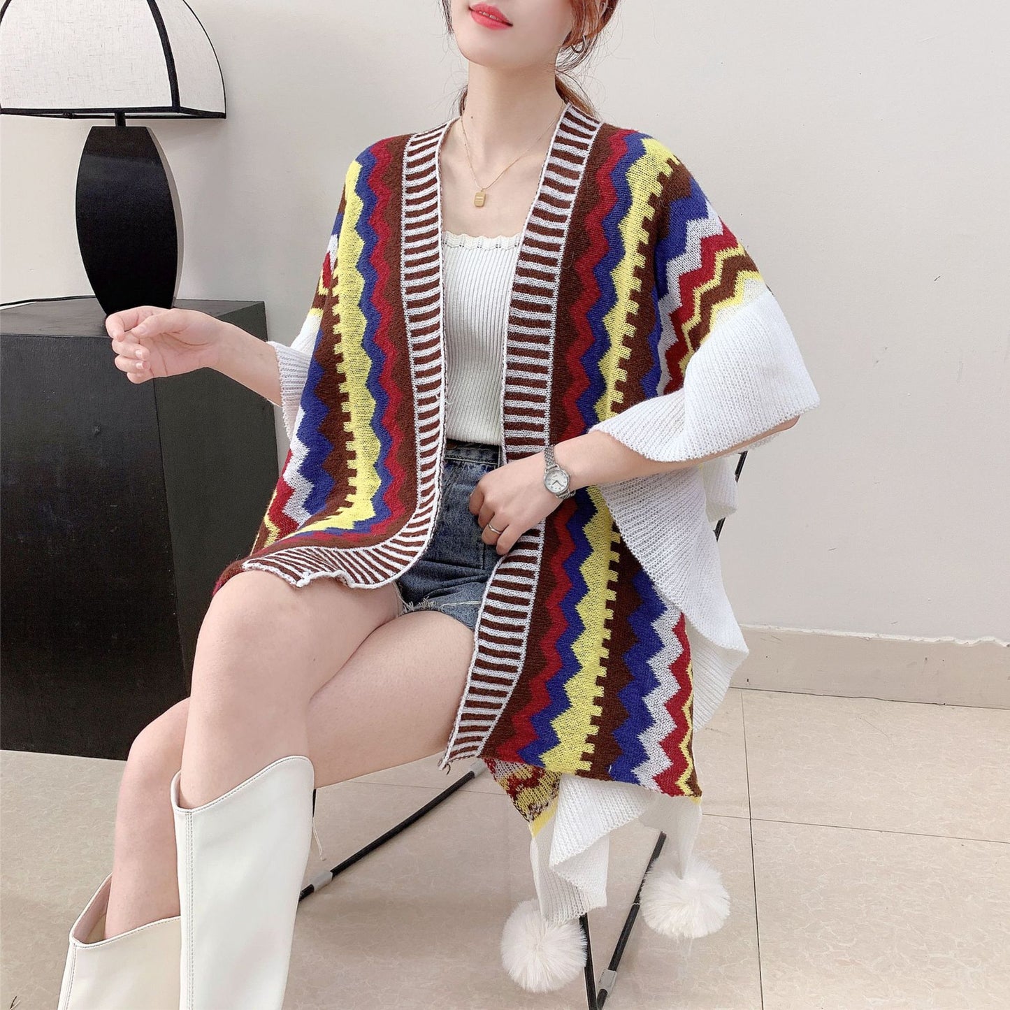 Brown Women's printed knitted cardigan cape with ruffled sleeves (Style 4)