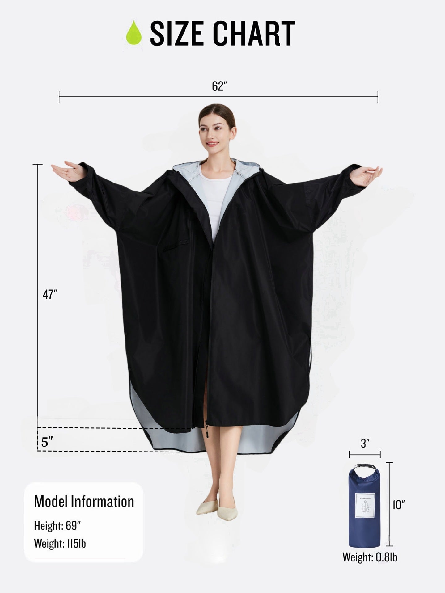 Dark blue Stylish Waterproof Raincoat Poncho - Long, Packable for Outdoor Travel & Hiking