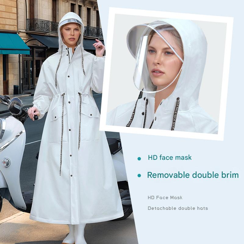 White Women's Long Waterproof Raincoat with Hood and Visor - Stylish Rain Jacket (Size - M)