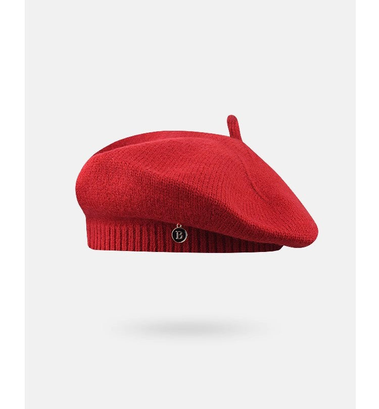 Red Vintage Inspired Knitted Beret - Stretchy & Comfortable Wool Blend Cap