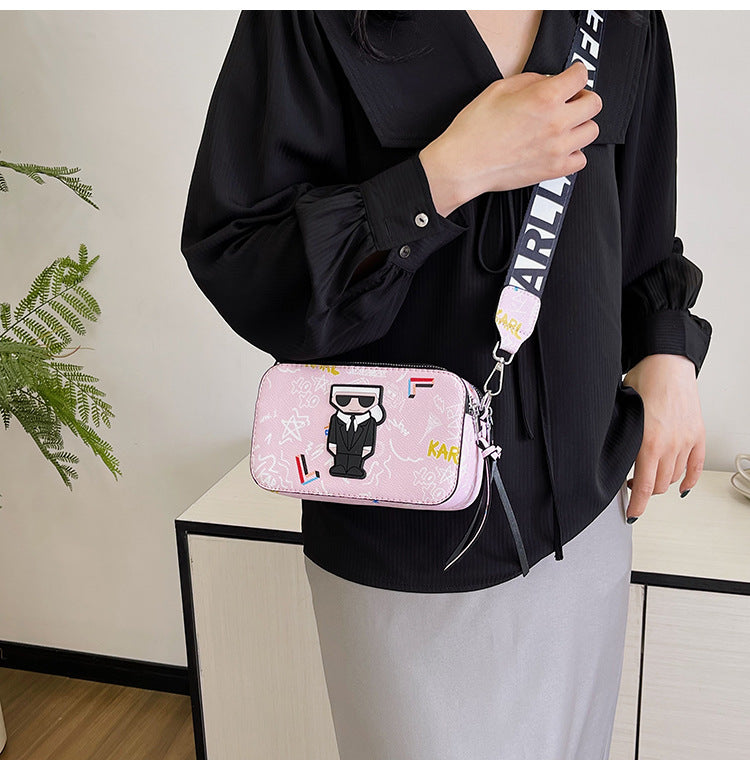 Pink Unique Doodle Print PU Leather Bag - Lightweight Crossbody with Character