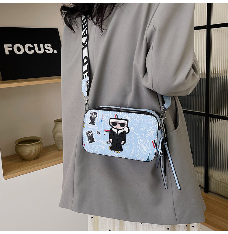 Light blue Unique Doodle Print PU Leather Bag - Lightweight Crossbody with Character