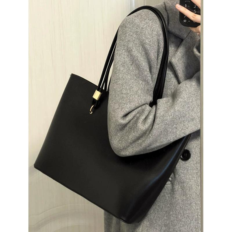 Classic Black PU Leather Tote Bag - Large Capacity Shoulder Bag