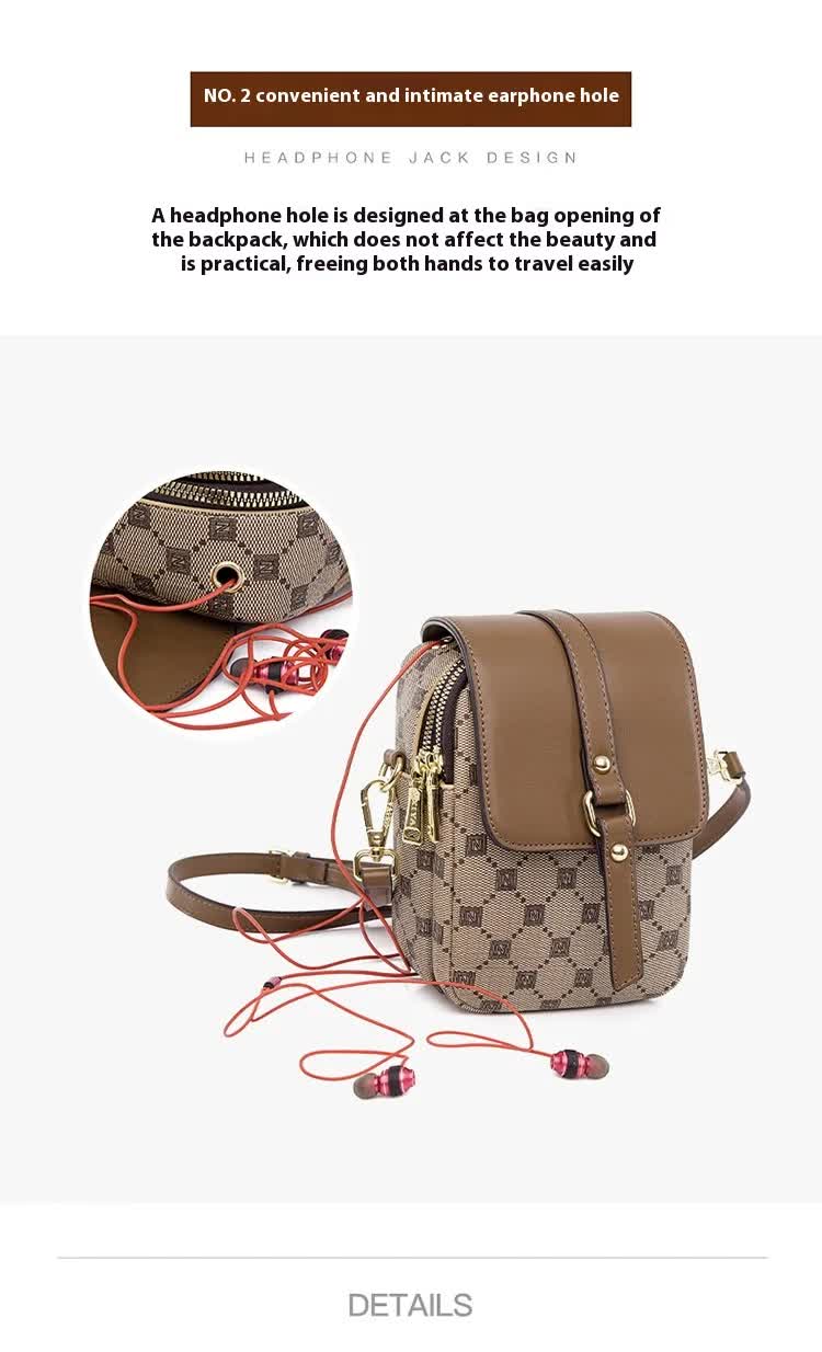 Brown and Black Chic Checkered Mini Crossbody Phone Purse - PU Leather Vertical Shoulder Bag with Headphone Port