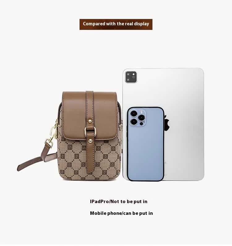 Brown and Black Chic Checkered Mini Crossbody Phone Purse - PU Leather Vertical Shoulder Bag with Headphone Port