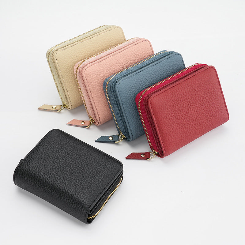 Black Compact RFID Genuine Leather Wallet for Women - Secure Zipper Card Holder & Coin Purse