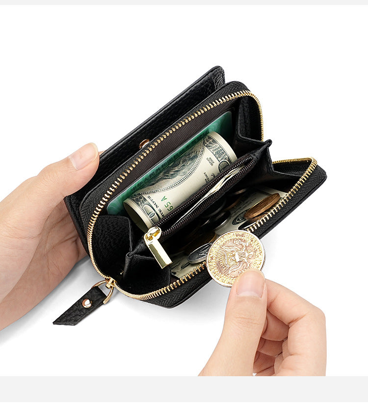 Black Compact RFID Genuine Leather Wallet for Women - Secure Zipper Card Holder & Coin Purse