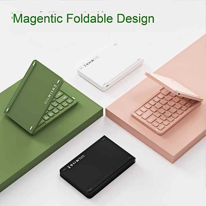 Pink Ultra-Slim Foldable Bluetooth Keyboard - Portable Wireless Rechargeable Travel Keyboard for iOS Android Windows Devices