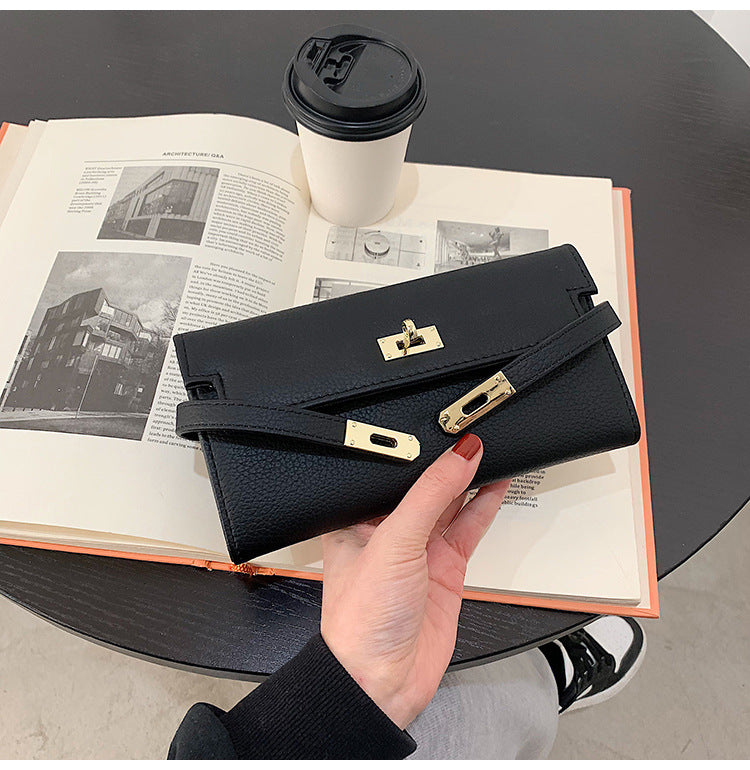 Black Elegant Women's Turn Lock Long Wallet - Black PU Leather Clutch Purse with Card Slots & Zipper Pocket