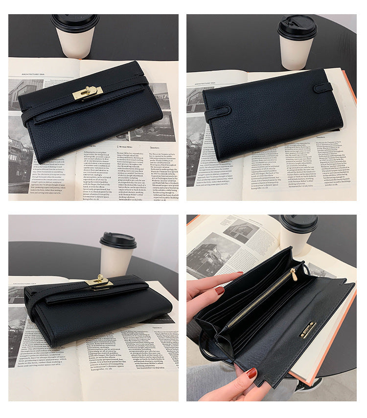 Orange Elegant Women's Turn Lock Long Wallet - Black PU Leather Clutch Purse with Card Slots & Zipper Pocket