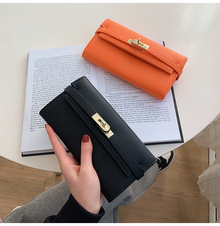 Orange Elegant Women's Turn Lock Long Wallet - Black PU Leather Clutch Purse with Card Slots & Zipper Pocket