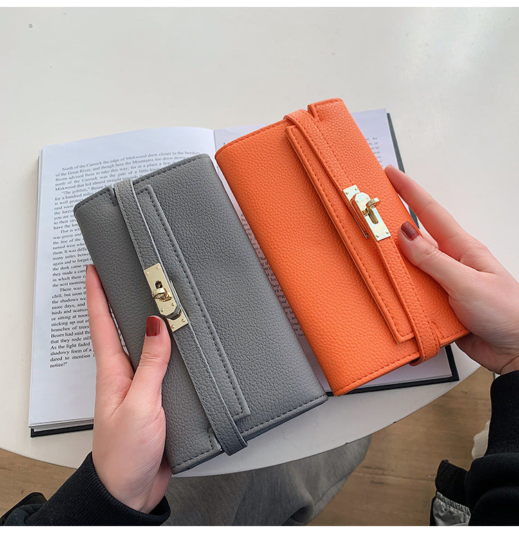 Orange Elegant Women's Turn Lock Long Wallet - Black PU Leather Clutch Purse with Card Slots & Zipper Pocket
