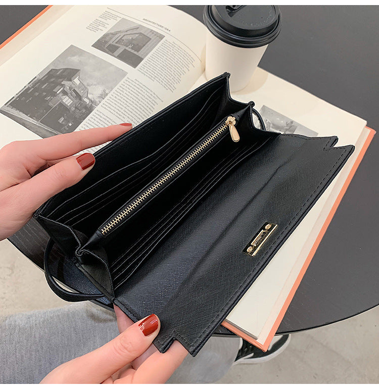 Orange Elegant Women's Turn Lock Long Wallet - Black PU Leather Clutch Purse with Card Slots & Zipper Pocket