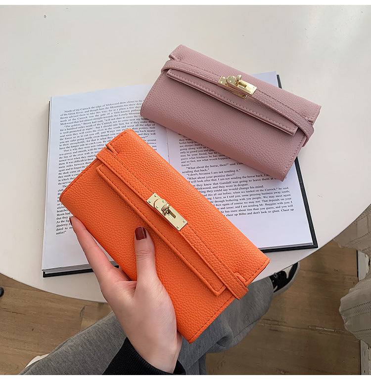 Pink Elegant Women's Turn Lock Long Wallet - Black PU Leather Clutch Purse with Card Slots & Zipper Pocket