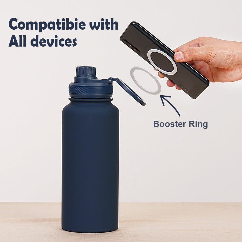 Brown 1L Stainless Steel Water Bottle with Magnetic Phone Holder Lid - Portable Hydration & Hands-Free Stand