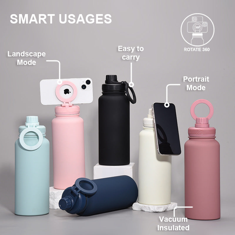 Light Blue 1L Stainless Steel Water Bottle with Magnetic Phone Holder Lid - Portable Hydration & Hands-Free Stand