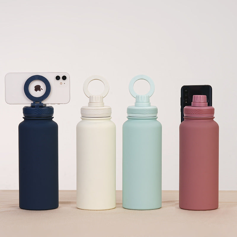 Light Blue 1L Stainless Steel Water Bottle with Magnetic Phone Holder Lid - Portable Hydration & Hands-Free Stand