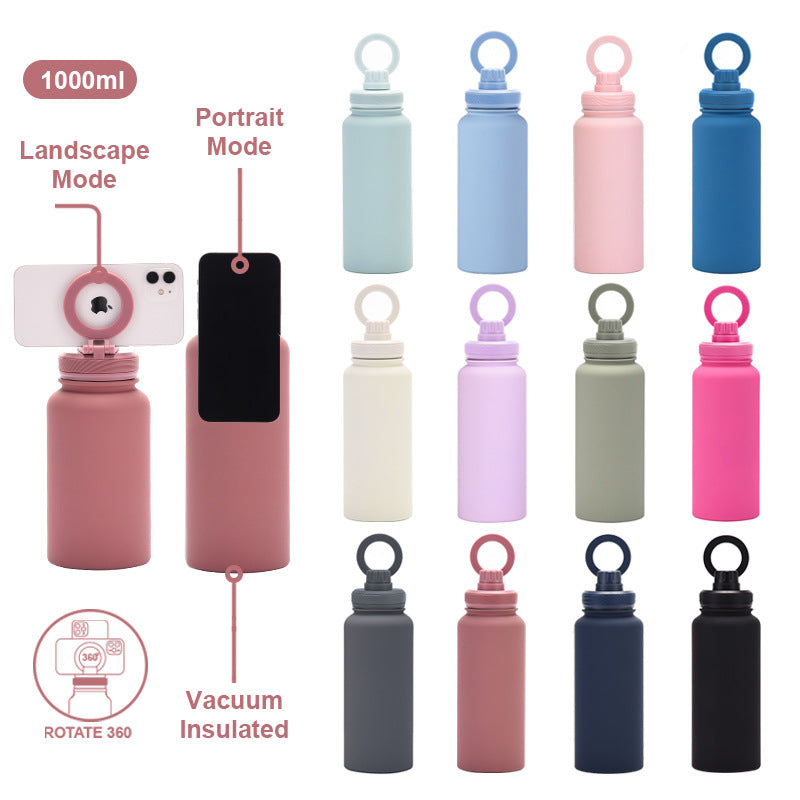 Silver and Black 1L Stainless Steel Water Bottle with Magnetic Phone Holder Lid - Portable Hydration & Hands-Free Stand