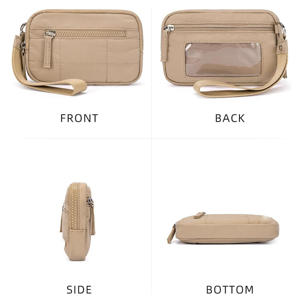 Khaki RFID Blocking Nylon Wristlet Clutch Wallet - Compact Waterproof Pouch with Card Slots & ID Window
