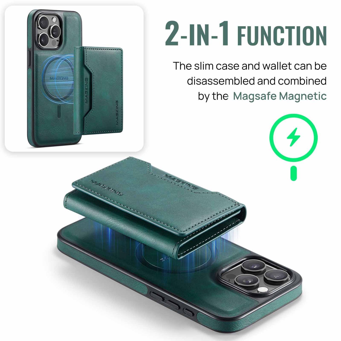 Green Premium MagSafe Wallet Case for iPhone 16 Pro - Detachable PU Leather Magnetic Card Holder